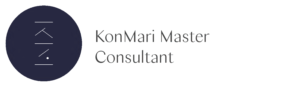 Logo for a "konmari master consultant" featuring stylized text and a simple, minimalistic emblem.