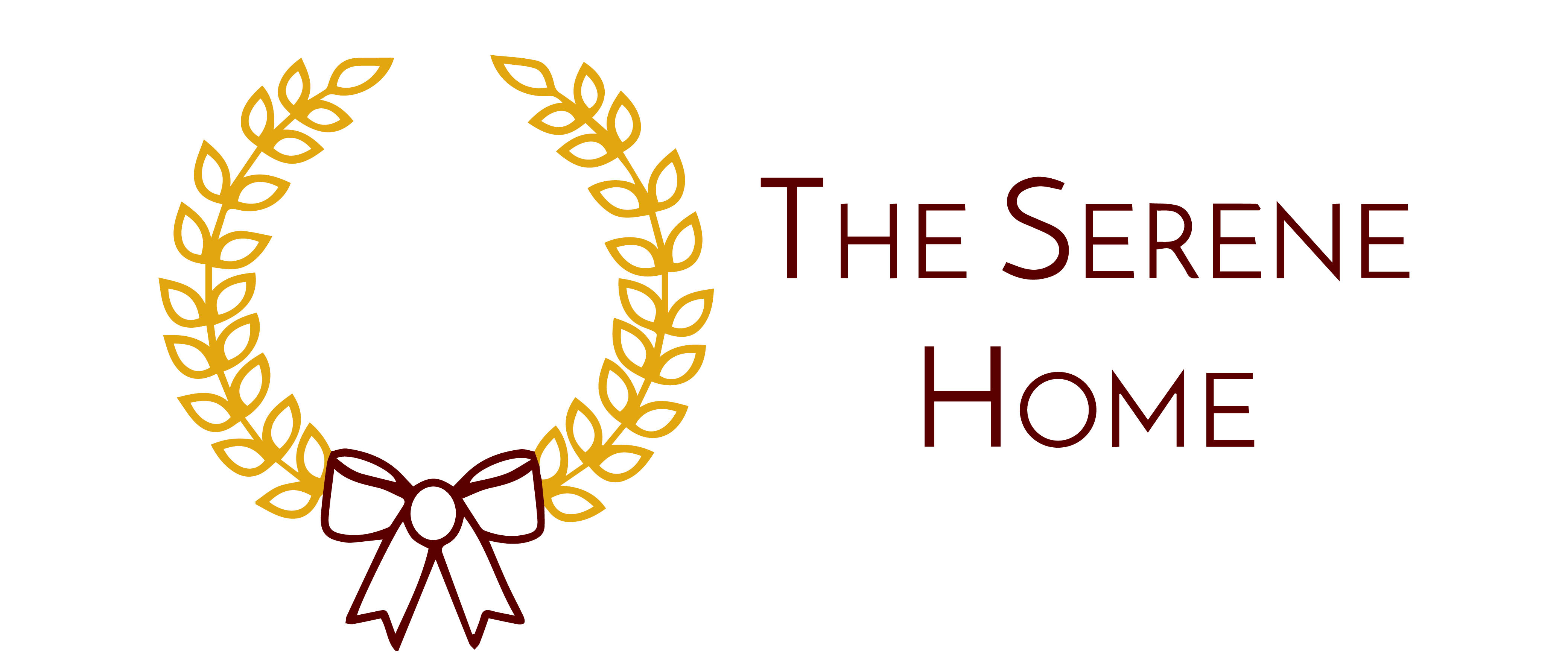 Golden laurel wreath with a bow and the text "the serene home" in a formal font.