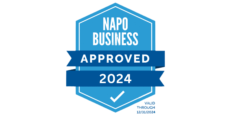 A digitally created seal indicating "napo business approved 2024" with a validation check mark and a date "valid through 12/31/2024.