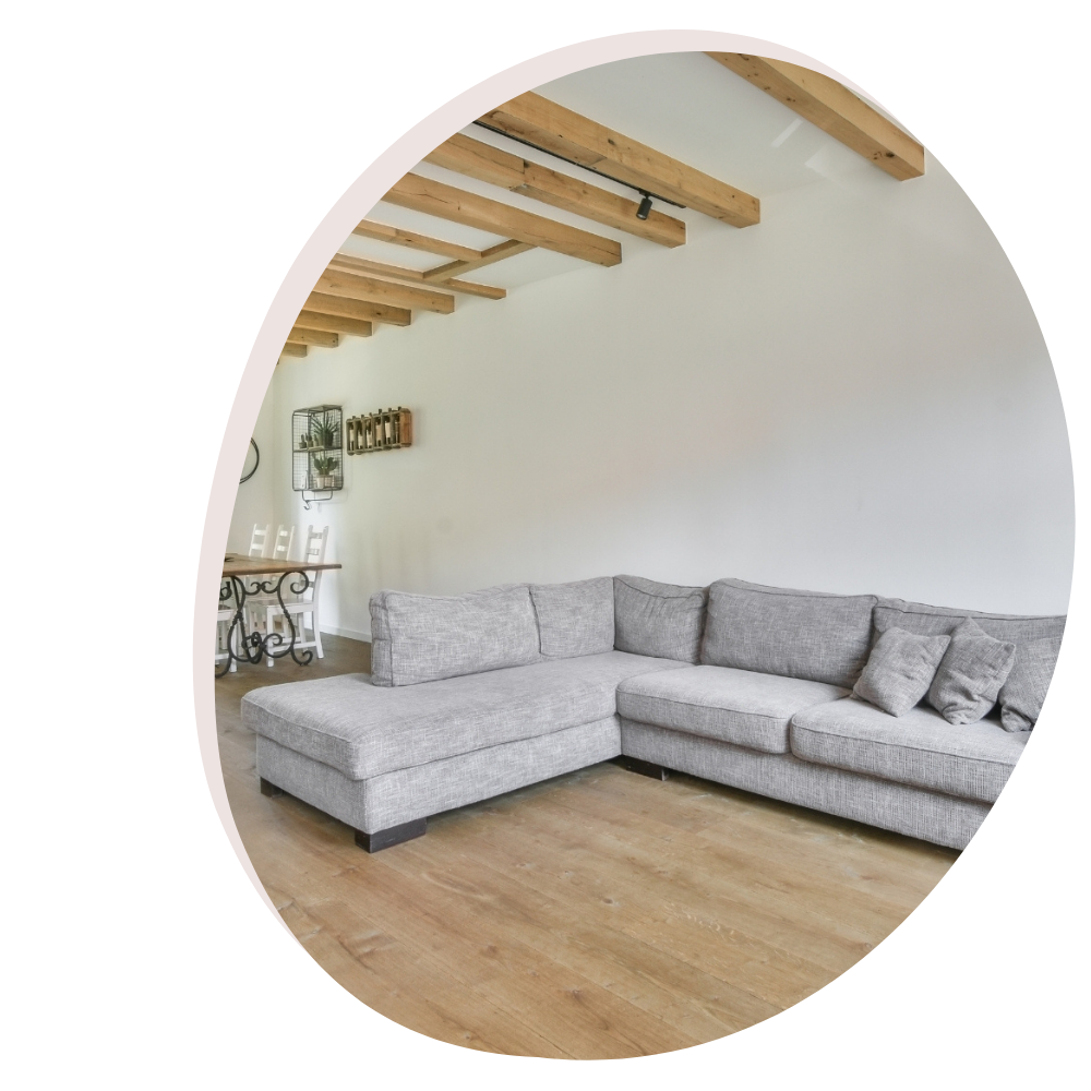 Modern living room with an l-shaped gray sofa and minimalistic decor.